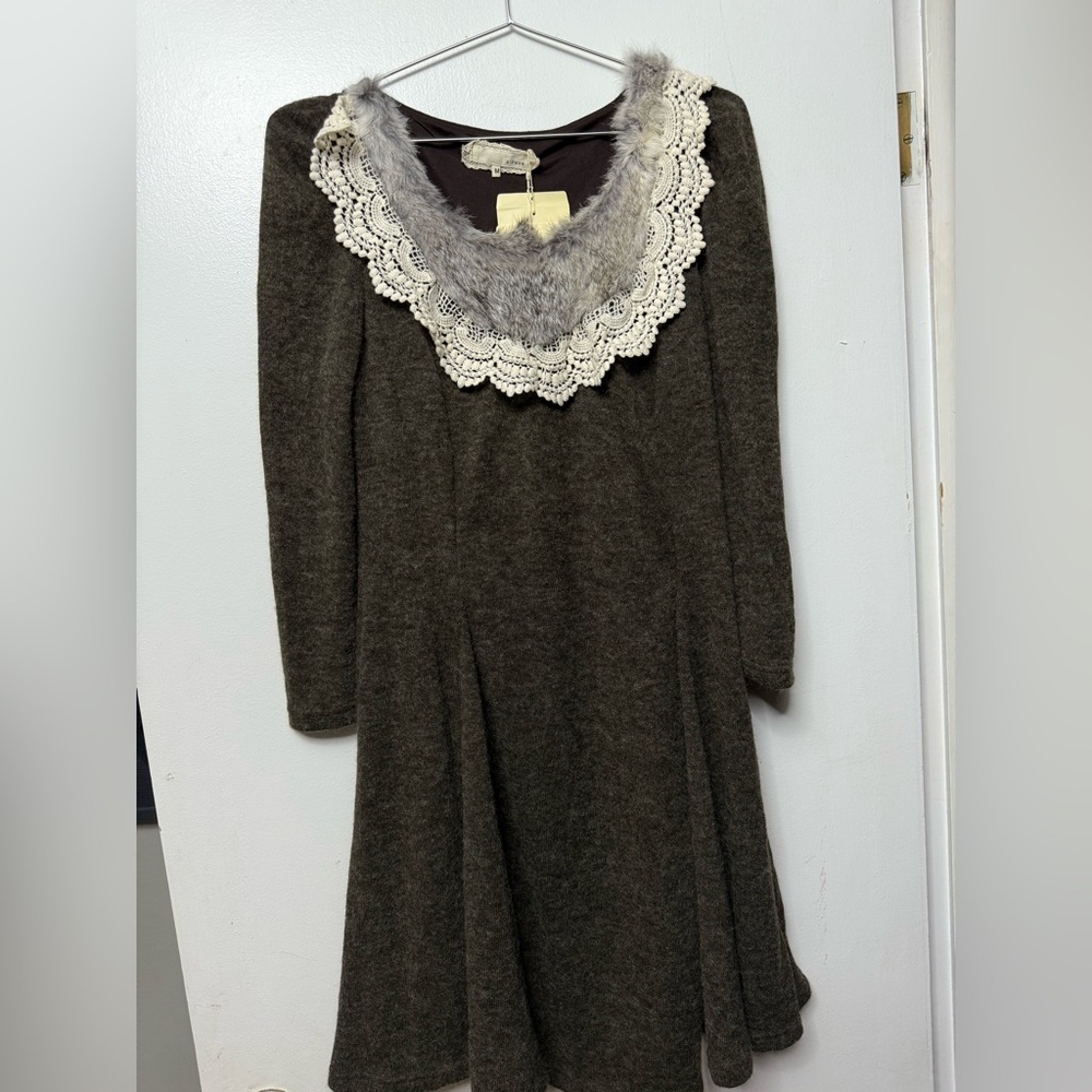 A'Reve Brown Dress with Gray Fur Trim